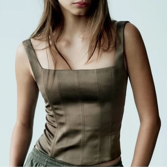 NWT House of Harlow 1960 Satin Corset Crop Top with Zip Up Back in Taupe Size M - Picture 3 of 11